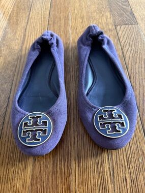 Tory Burch Purple Suede Ballet Flats with Gold Logo